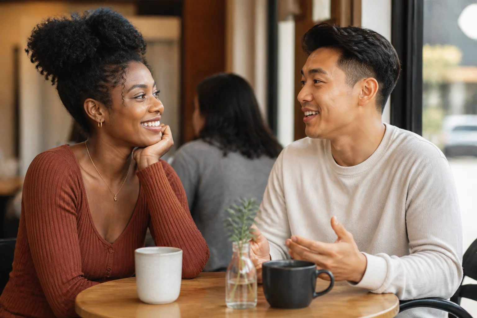 A couple enjoying a relaxed conversation in a cafe