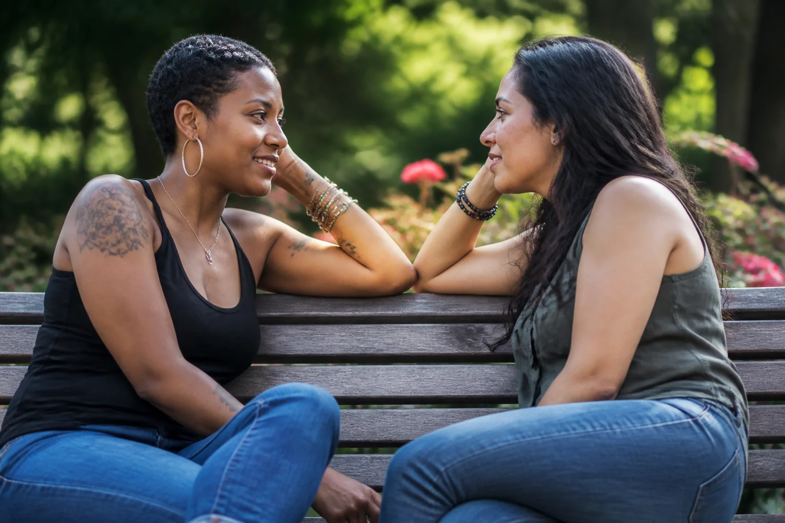 Two women having a warm conversation outdoors