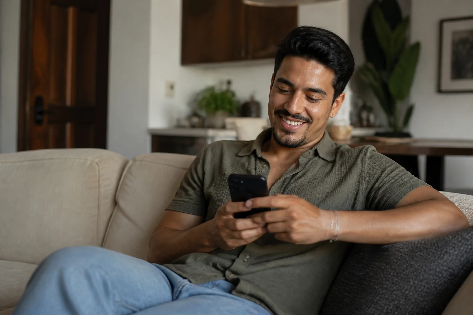A man relaxing at home while using his phone
