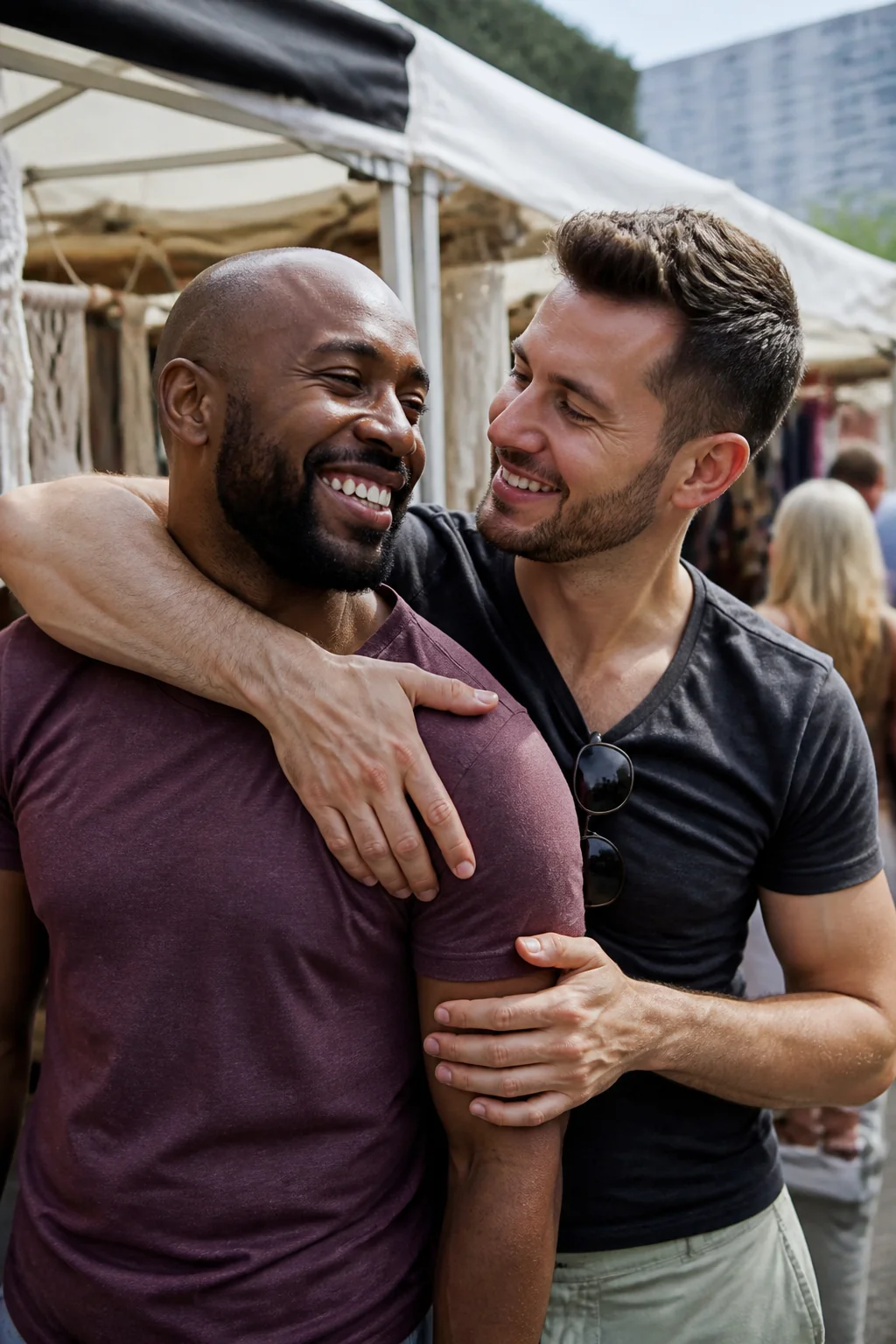 A gay couple sharing a happy moment at an outdoor market