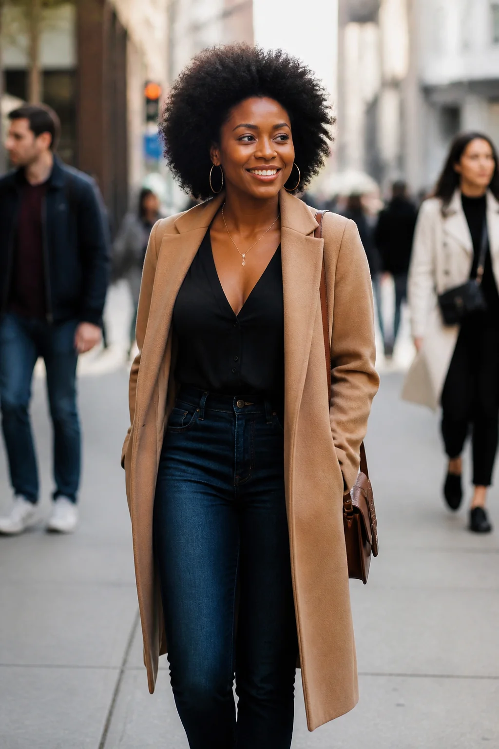 A confident woman walking through the city
