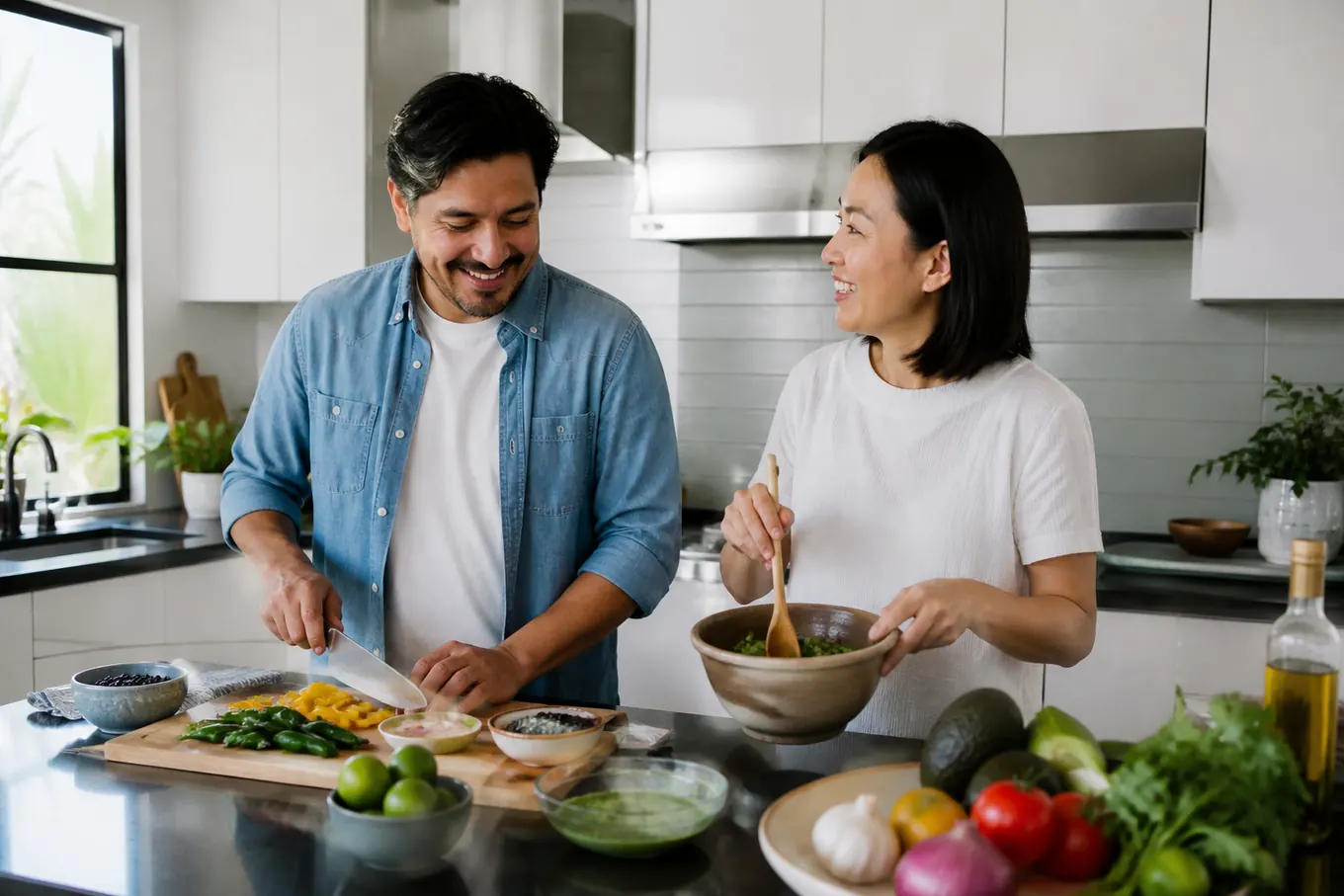 Two adults preparing a meal together in a kitchen