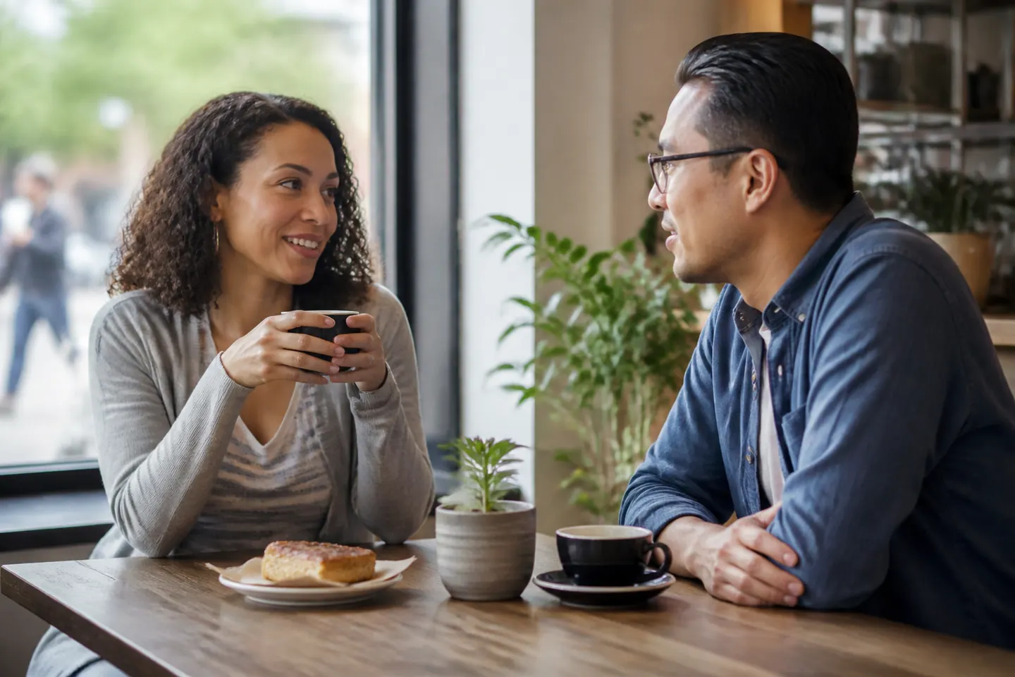 Two adults having a relaxed conversation over coffee