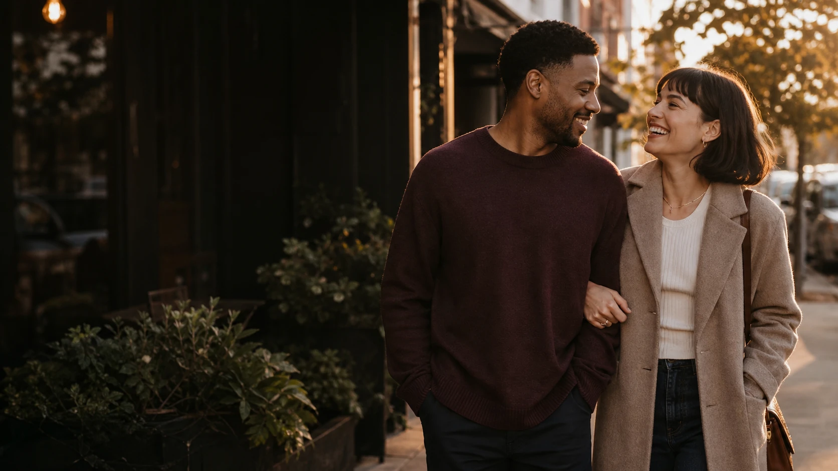 A couple enjoying an evening walk together