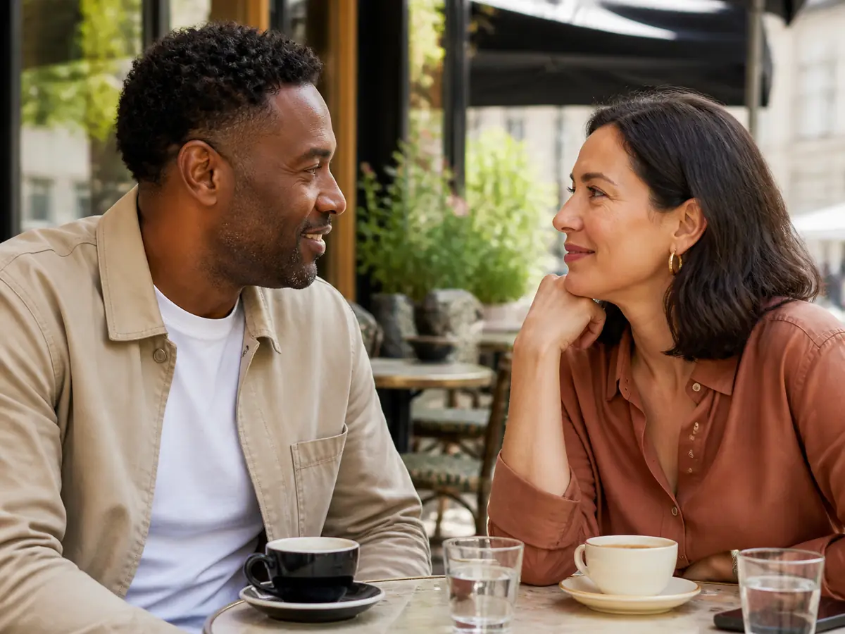 Two adults enjoying a relaxed conversation in a cafe