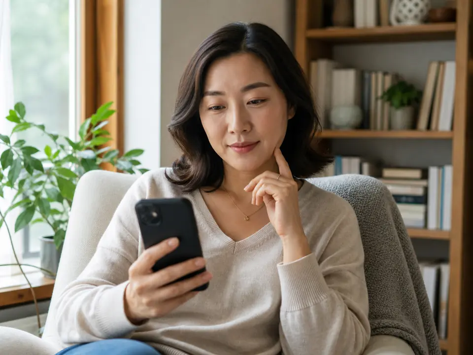 An adult thoughtfully reviewing privacy choices on a phone