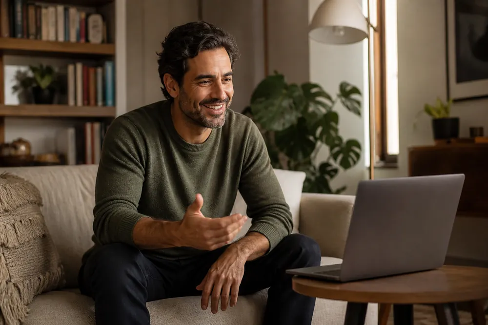 An adult having a relaxed video conversation at home